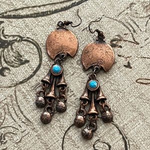 Vintage Copper Dangle Earrings with Turquoise Accent